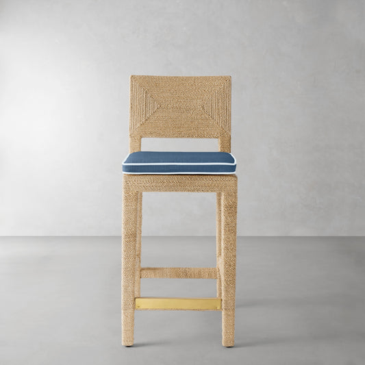Point Reyes Counter Stool Cushion,Sunbrella Performance Canvas\, Denim Blue with Light Blue Piping,