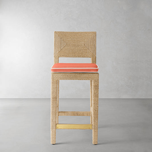 Point Reyes Counter Stool Cushion,Sunbrella Performance Canvas\, Persimmon with White Piping,