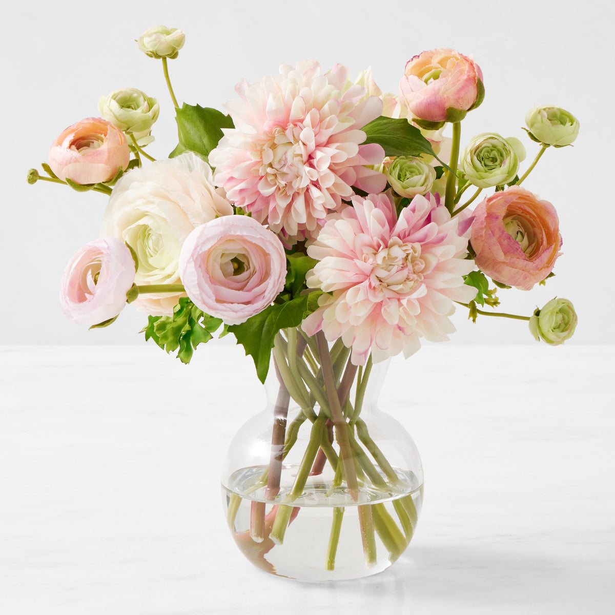 Faux Ranunculus & Dahlia Floral Arrangement in Glass Vase,WSNOADS,Florals & Centerpieces