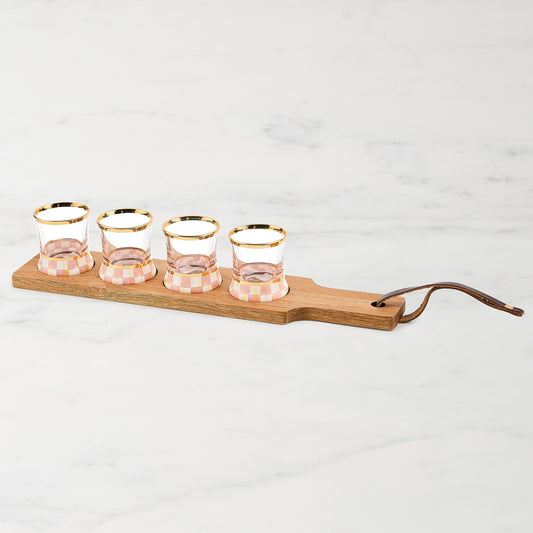 MacKenzie-Childs Pink Courtly Check Shot Glass Flight Board, Set of 4,,WSNOADS