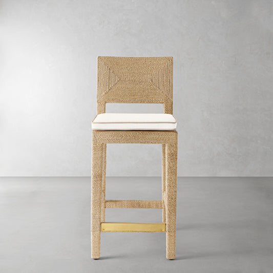 Point Reyes Counter Stool Cushion,Sunbrella Performance Canvas\, White with Flax Piping,