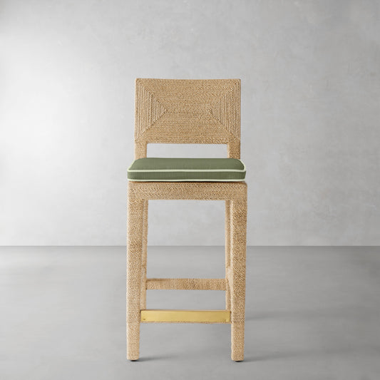 Point Reyes Counter Stool Cushion,Sunbrella Performance Canvas\, Fern with Sage Piping,