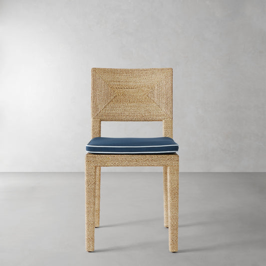 Point Reyes Side Chair Cushion,Sunbrella Performance Canvas\, Denim Blue with Light Blue Piping,