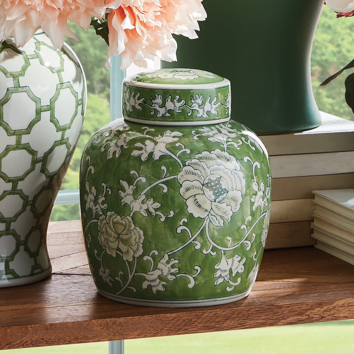 Chinoiserie Lidded Jar,Green and White\, Small,