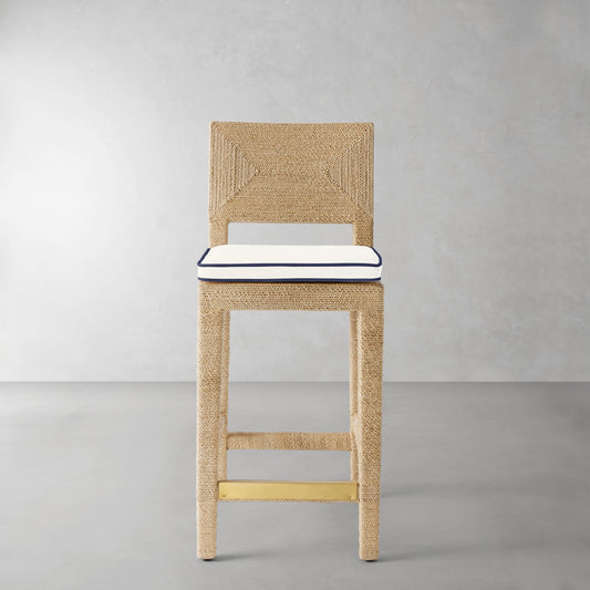 Point Reyes Counter Stool Cushion,Sunbrella Performance Canvas\, White with Navy Piping,