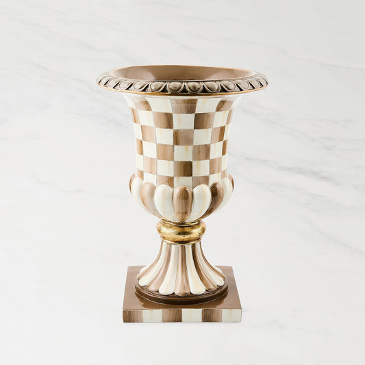MacKenzie-Childs Mocha Check Tabletop Pedestal Urn,,WSNOADS